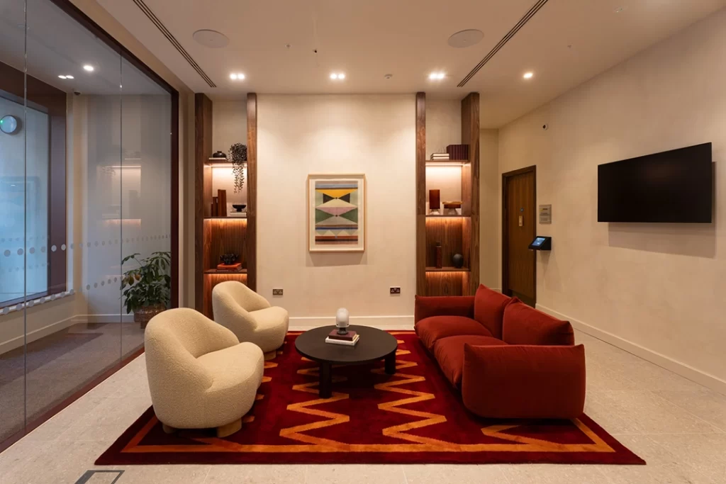 Stylish seating area for floor to ceiling windows