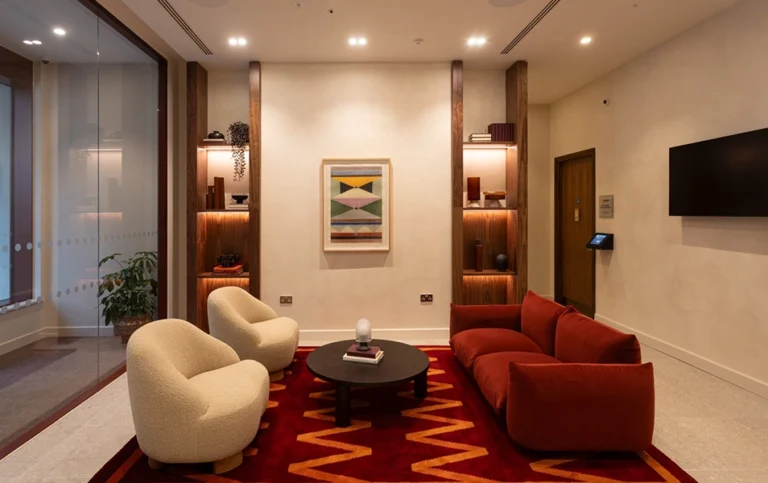 Stylish seating area for floor to ceiling windows