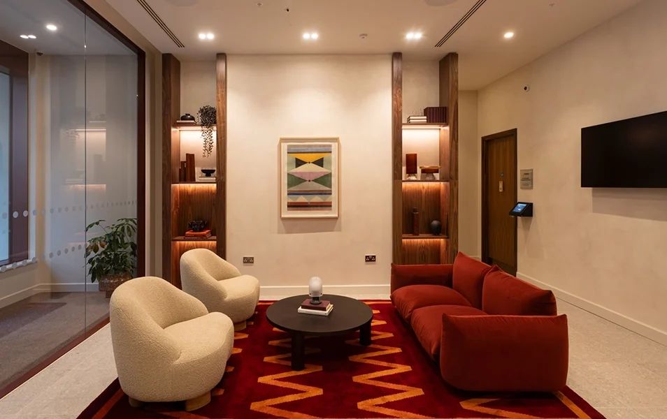 Stylish seating area for floor to ceiling windows