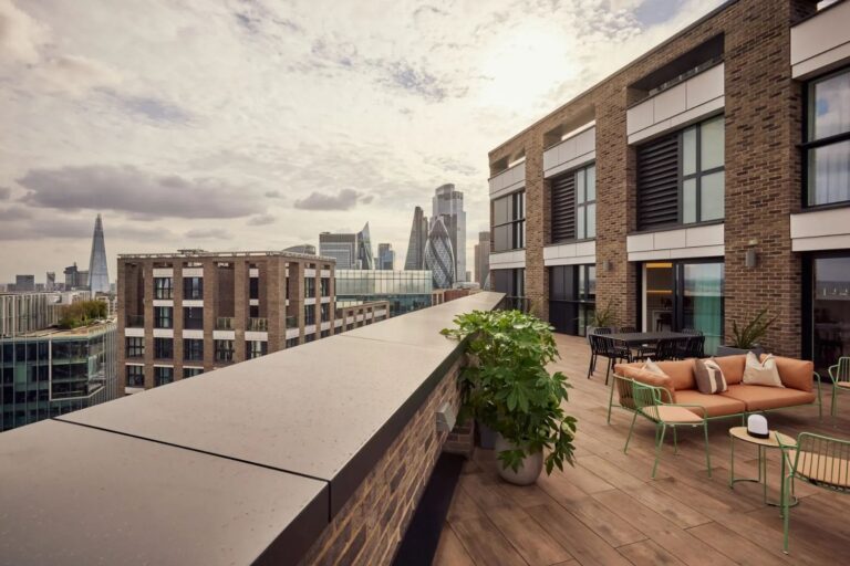 Roof terrace at Alma Aldgate overlooking the City of London skyline and The Gherkin