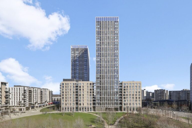 Contemporary apartment buildings in East Village around a central park
