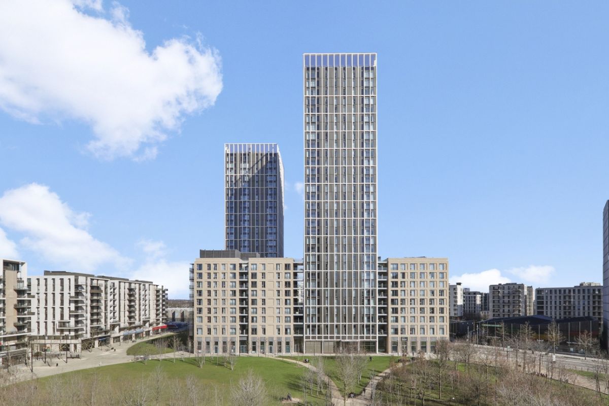 Contemporary apartment buildings in East Village around a central park