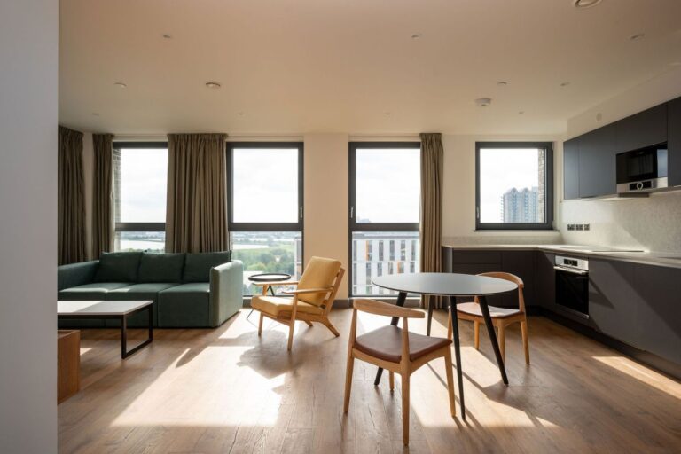 Corner apartment living space with large windows, modern kitchen and natural light