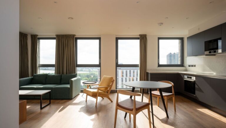Corner apartment living space with large windows, modern kitchen and natural light