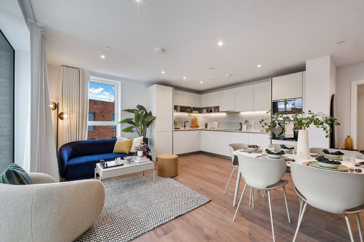 Modern kitchen and living space inside UNCLE Deptford apartments in Deptford SE8