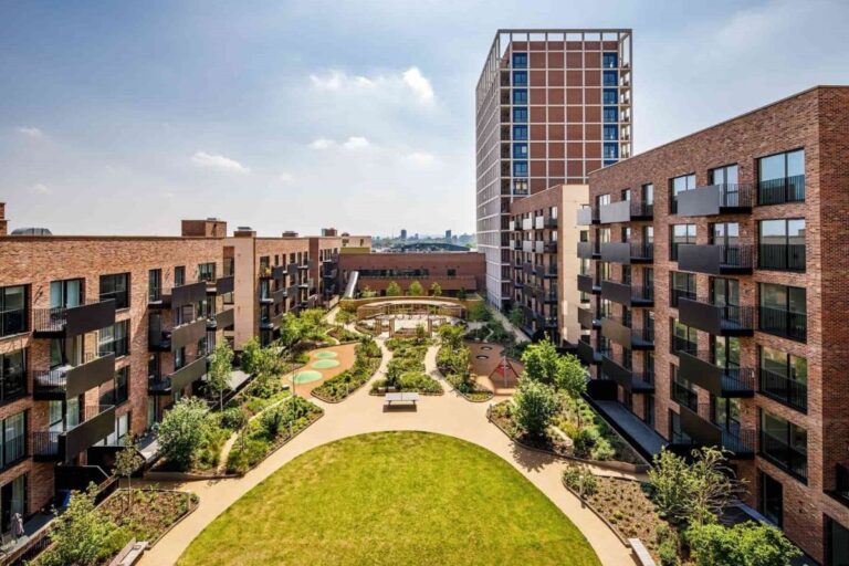 Elevated view of central garden surrounded by apartment buildings