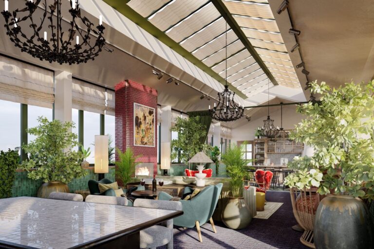 Bright indoor lounge with plants, chandeliers, seating areas, and fireplace feature