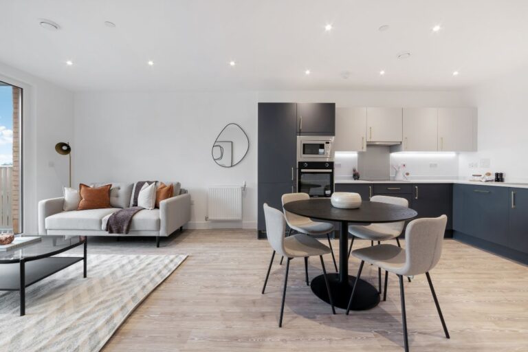 Open plan living and dining area with contemporary kitchen at Dukes Road Walthamstow