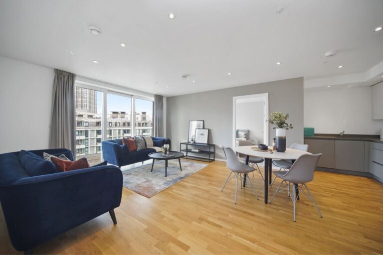 Spacious open plan living area in East Village apartment
