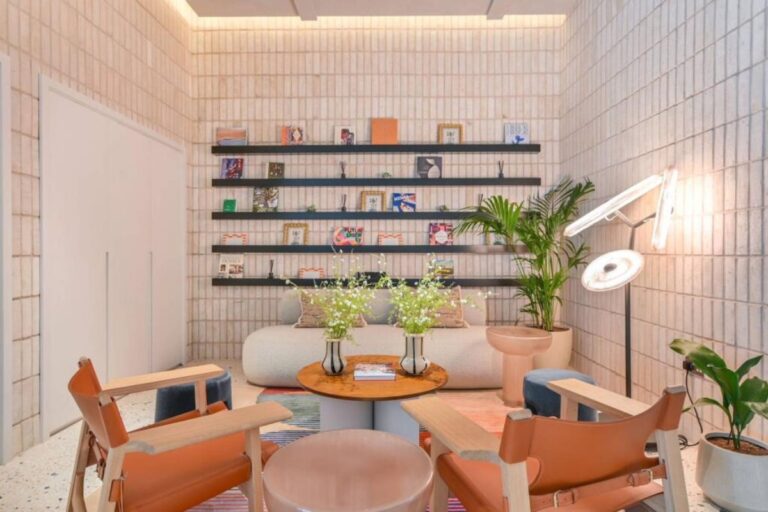 Private resident lounge with seating and shelving