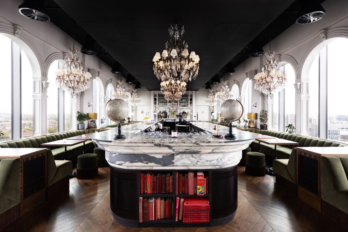 Dandi Wembley residents lounge with marble bar and statement chandeliers