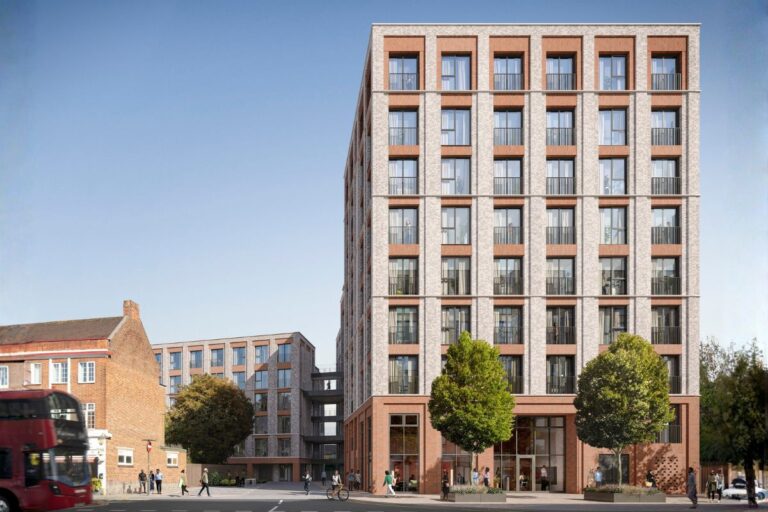 Street view of Sheepcote Road development with brick detailing and balconies