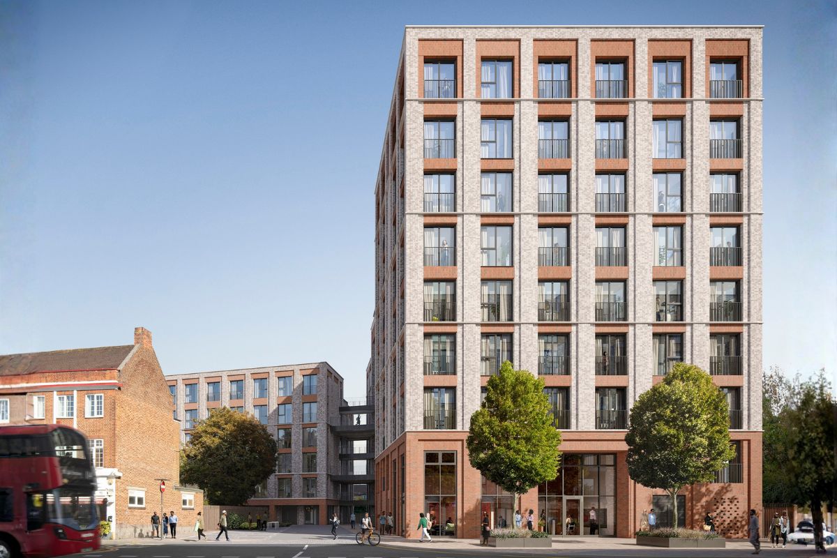 Street view of Sheepcote Road development with brick detailing and balconies
