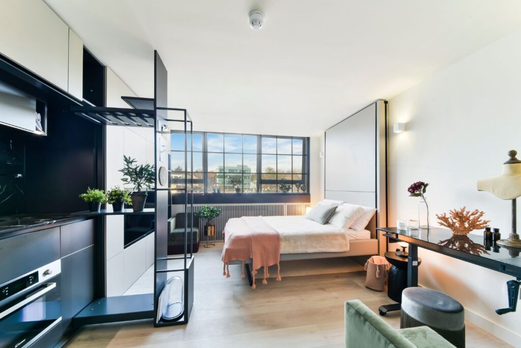 Dandi Wembley fully furnished studio apartment with integrated kitchen and large windows