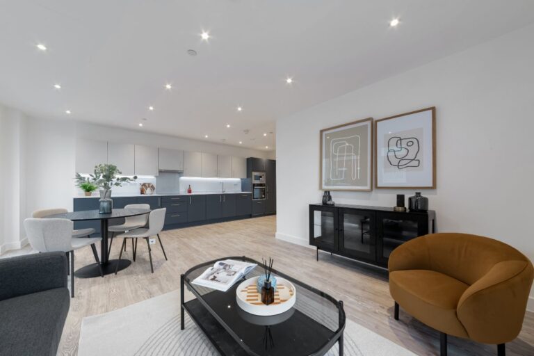 Modern open plan apartment interior at Dukes Road