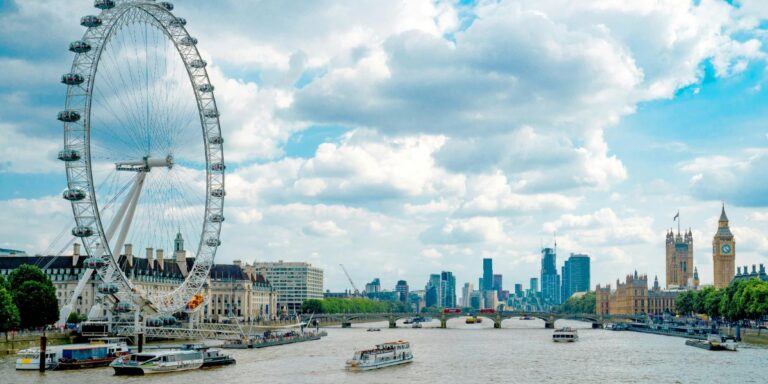 View of Central London and the river Thames, including the London Eye and Houses of Parliament