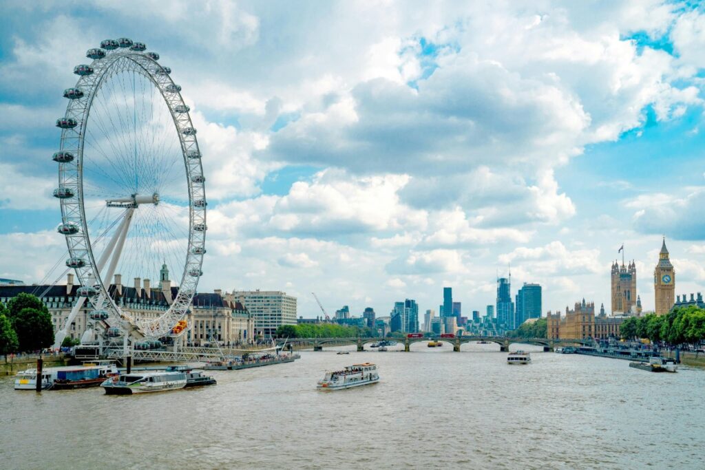 View of Central London and the river Thames, including the London Eye and Houses of Parliament
