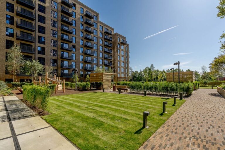 landscaped courtyard and garden space at Ferrum Wembley Park apartments