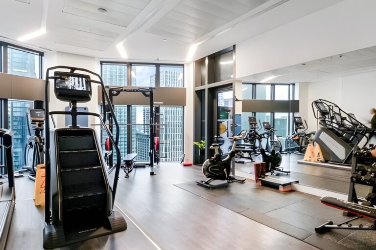 Residents’ gym at Amory Tower with cardio and strength equipment