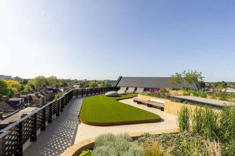Rooftop terrace at Hanwell Square with seating and landscaped areas