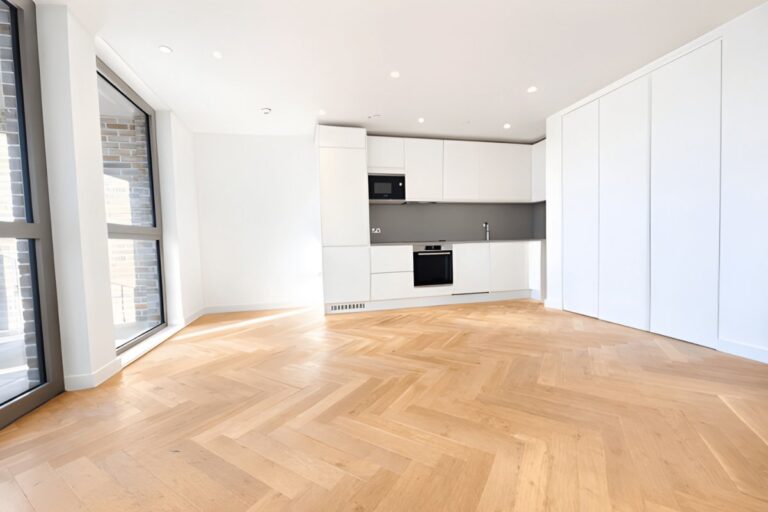 Open plan living area and kitchen at Middle Yard with herringbone flooring