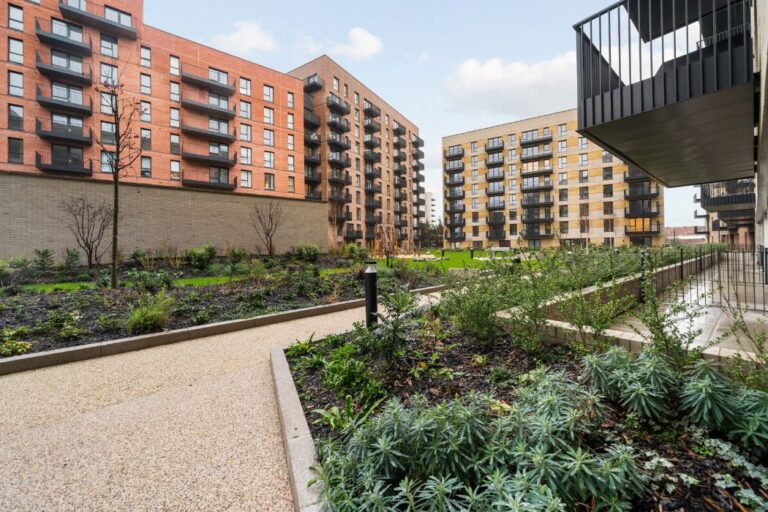 Communal gardens and pathways at Hayes Village residential development
