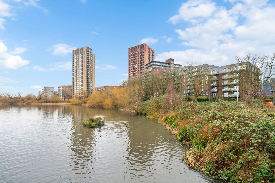 Hendon Waterside development with lake and surrounding buildings
