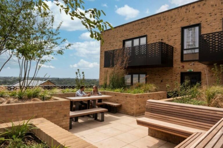 Communal courtyard at Hanwell Square with seating and planting