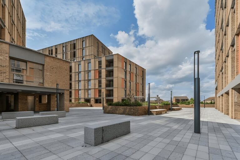 andscaped courtyard and apartment buildings