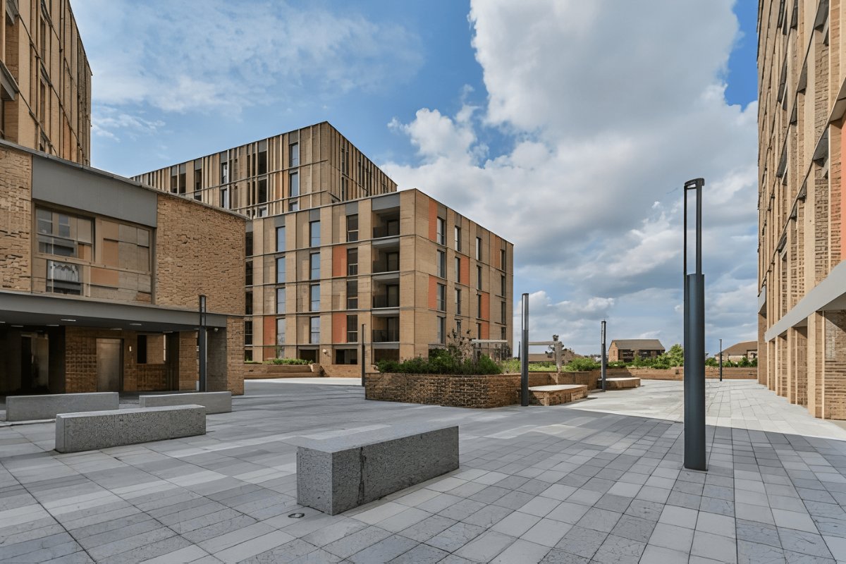 andscaped courtyard and apartment buildings