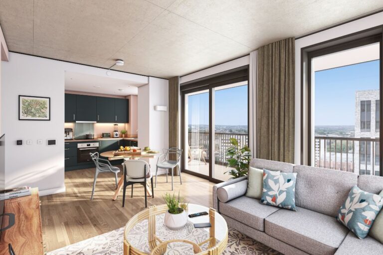 Bright open-plan apartment interior with balcony at Repton Gardens