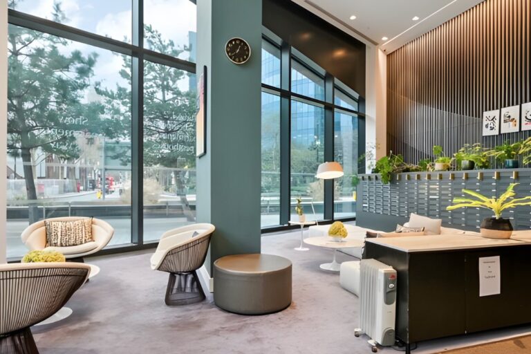 Lobby and seating area at Amory Tower with floor to ceiling windows