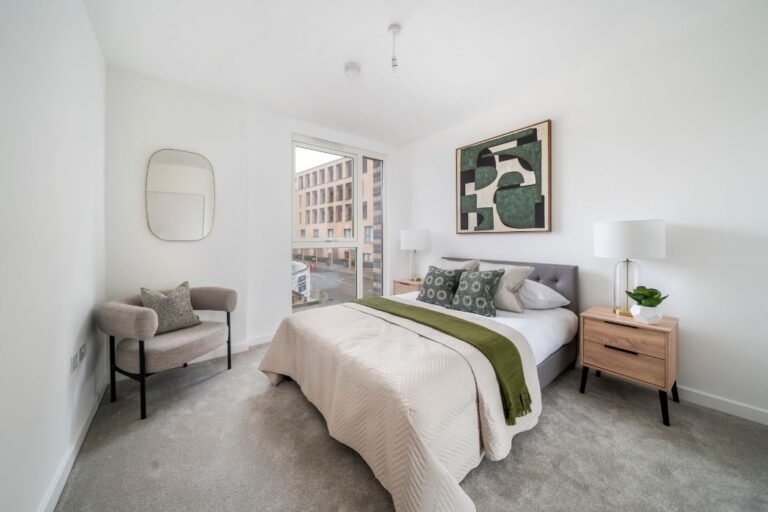 Bedroom at Hendon Waterside apartment with natural light