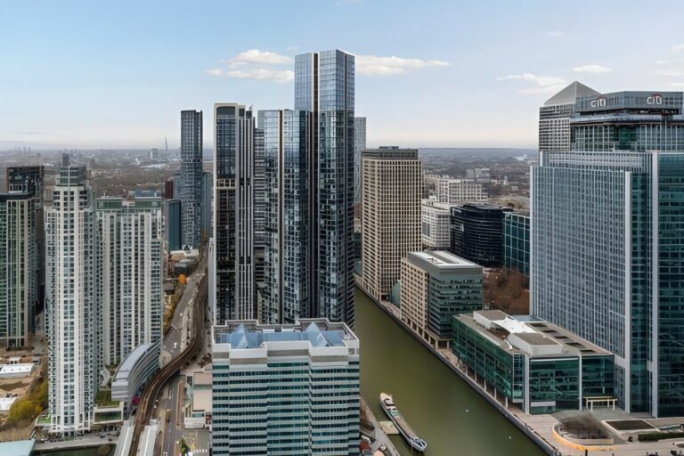 View across Canary Wharf towers and South Dock near Amory Tower