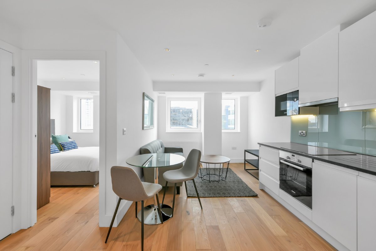 Furnished one bedroom apartment at The Residences Croydon with kitchen and living space