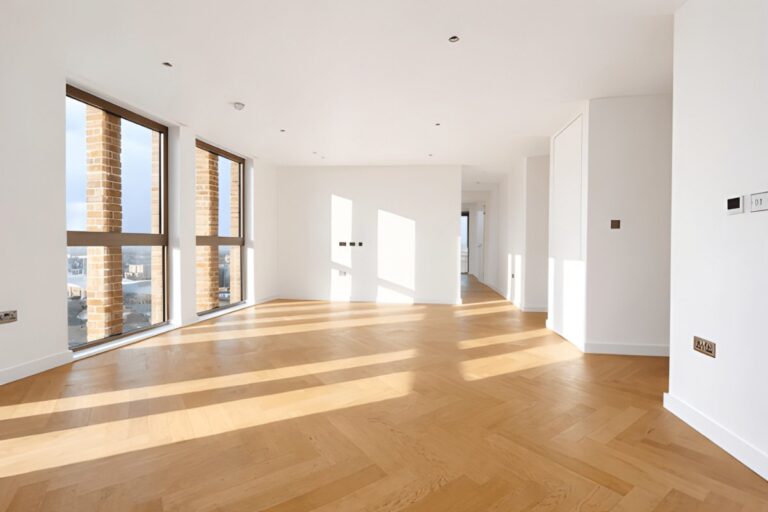 Bright living space at Middle Yard with large windows and timber flooring