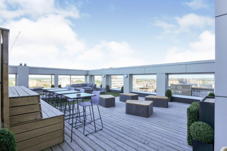 Rooftop terrace at The Residences Croydon with outdoor seating and open views