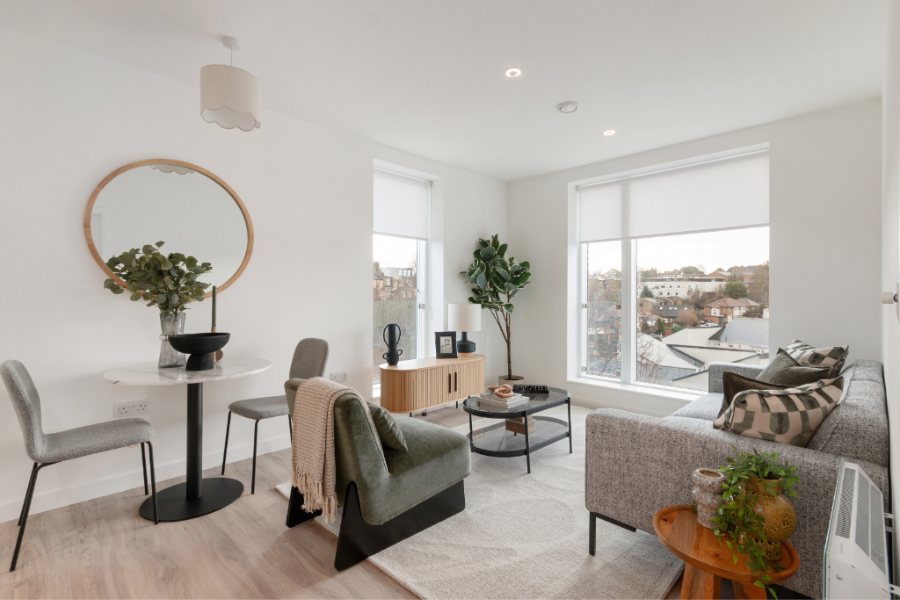 Dual aspect apartment at The Heights showing bright open plan layout and multiple windows