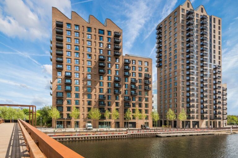 Aerial view of Windlass Apartments in Tottenham Hale overlooking canal and surrounding green space