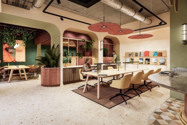 Shared workspace with tables, seating and decorative interior design