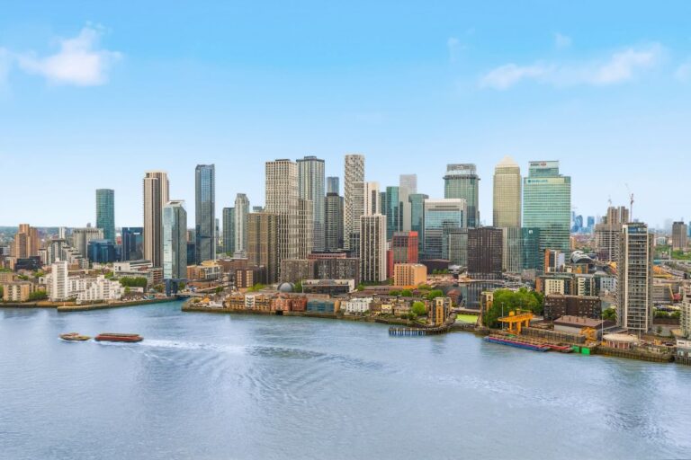 Panoramic views across Canary Wharf and the River Thames from Arora Tower
