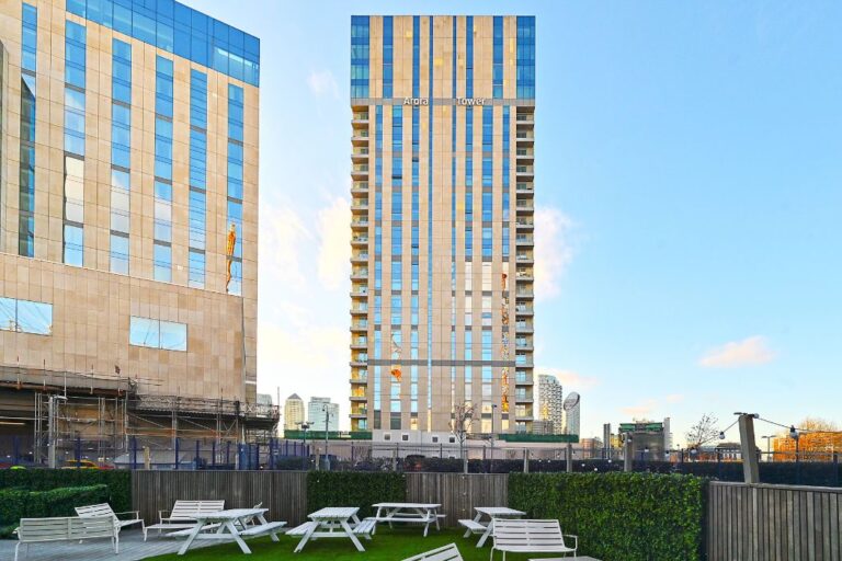 Arora Tower building exterior in North Greenwich near the O2 and Jubilee line