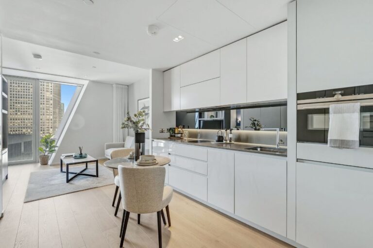 Open plan kitchen and living area inside a Newfoundland apartment in Canary Wharf