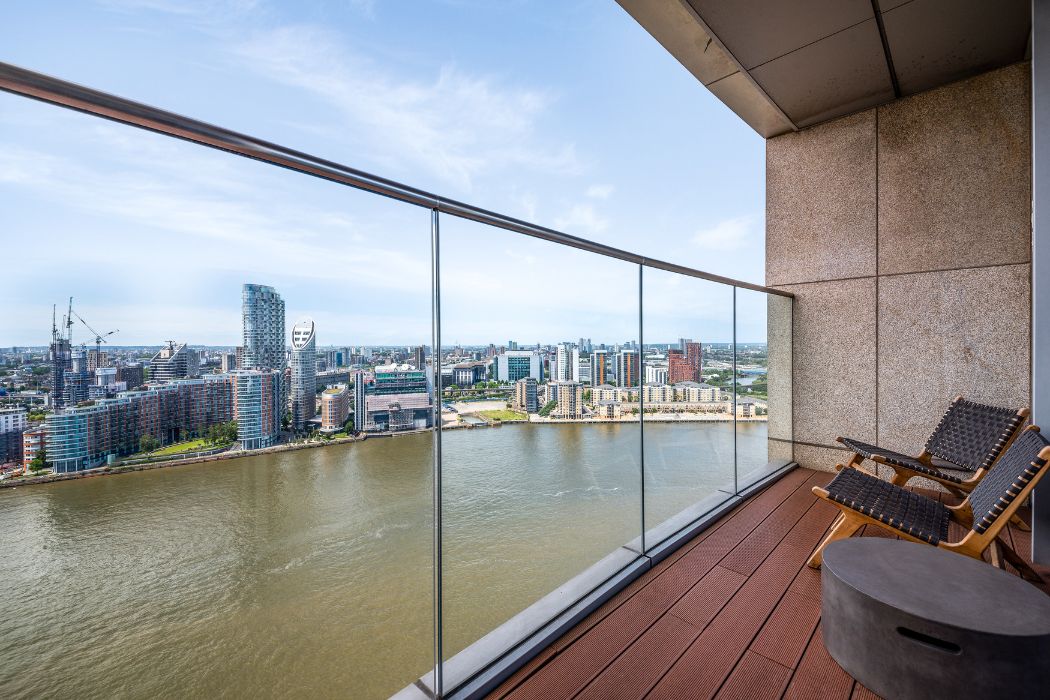 Private balcony with river Thames views from Arora Tower apartment