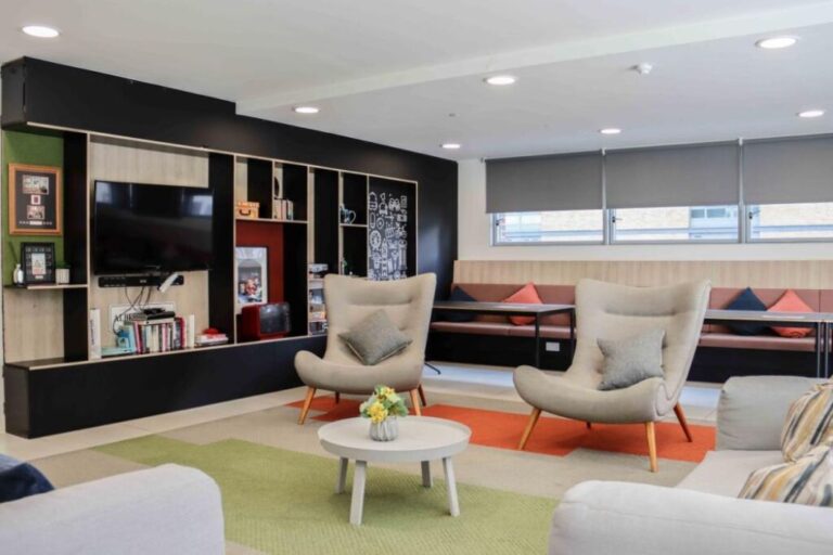 Residents lounge and coworking space at Rehearsal Rooms in West London