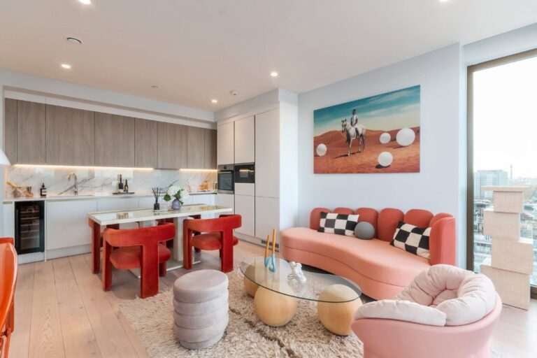 Open plan kitchen and living area inside The Arc apartments in Old Street