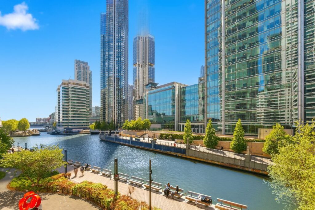 Exterior view of 8 Water Street overlooking the canal in Wood Wharf Canary Wharf