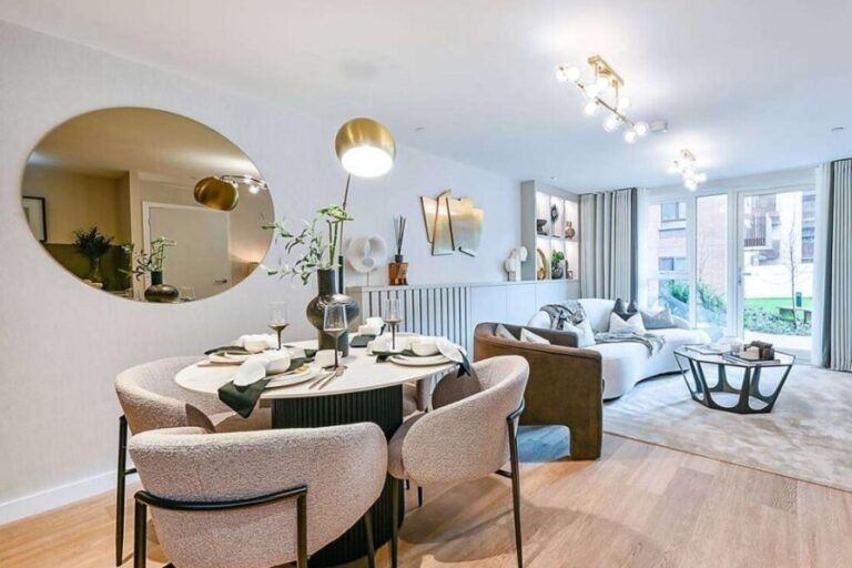 Furnished open-plan living and dining area inside a Royal Gateway apartment in Acton