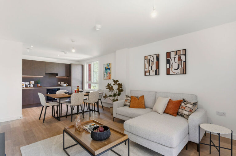 Open plan living and dining area inside a modern Royal Gateway apartment in Acton