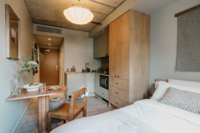 Bright furnished studio apartment with integrated kitchen and storage